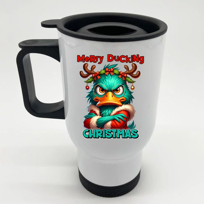 Merry Ducking Funny Sarcastic Grumpy Duck Christmas Front & Back Stainless Steel Travel Mug