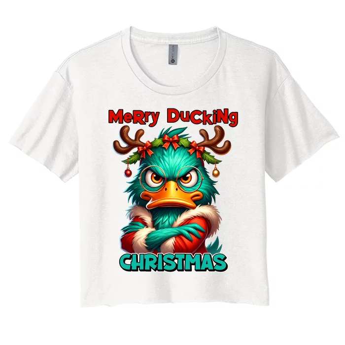 Merry Ducking Funny Sarcastic Grumpy Duck Christmas Women's Crop Top Tee