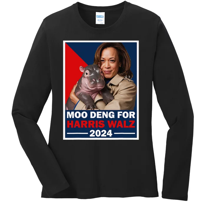 Moo Deng For Trump 2024 Funny Baby Hippo Moo Deng For Trump Ladies Long Sleeve Shirt