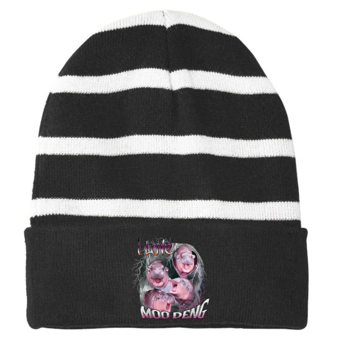 Moo Dang Funny Dwarf Baby Hippo In The Zoo Striped Beanie with Solid Band