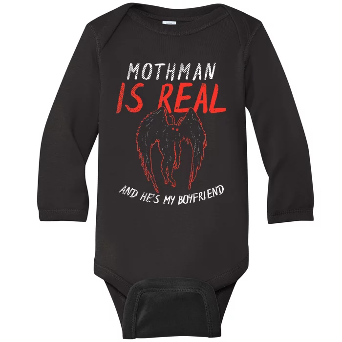 Mothman Design For Cryptid Lover Mothman Is My Boyfriend Baby Long Sleeve Bodysuit