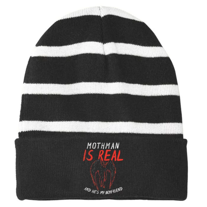 Mothman Design For Cryptid Lover Mothman Is My Boyfriend Striped Beanie with Solid Band