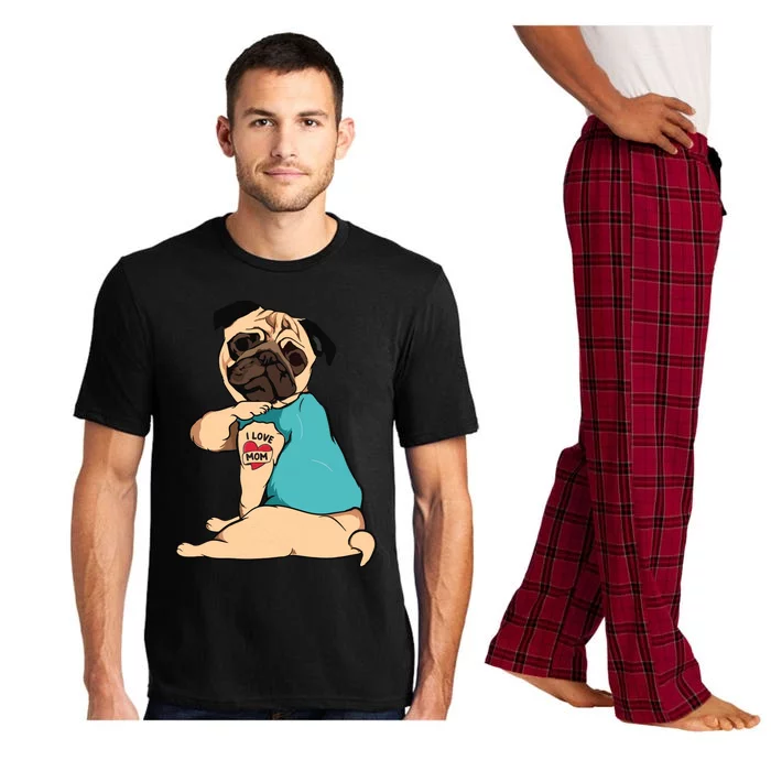 Mothers Day Gift Funny Dog Pug I Love Mom Tattoo Pajama Set