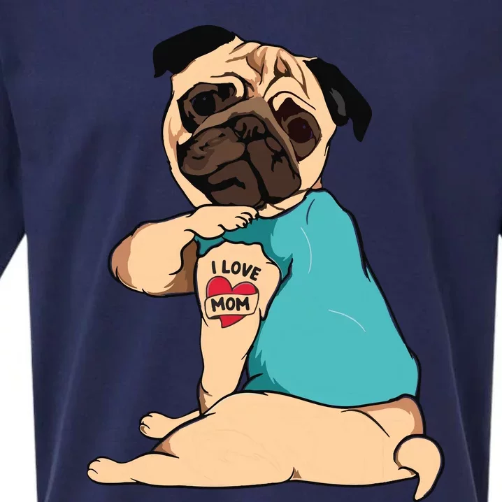 Mothers Day Gift Funny Dog Pug I Love Mom Tattoo Sueded Cloud Jersey T-Shirt