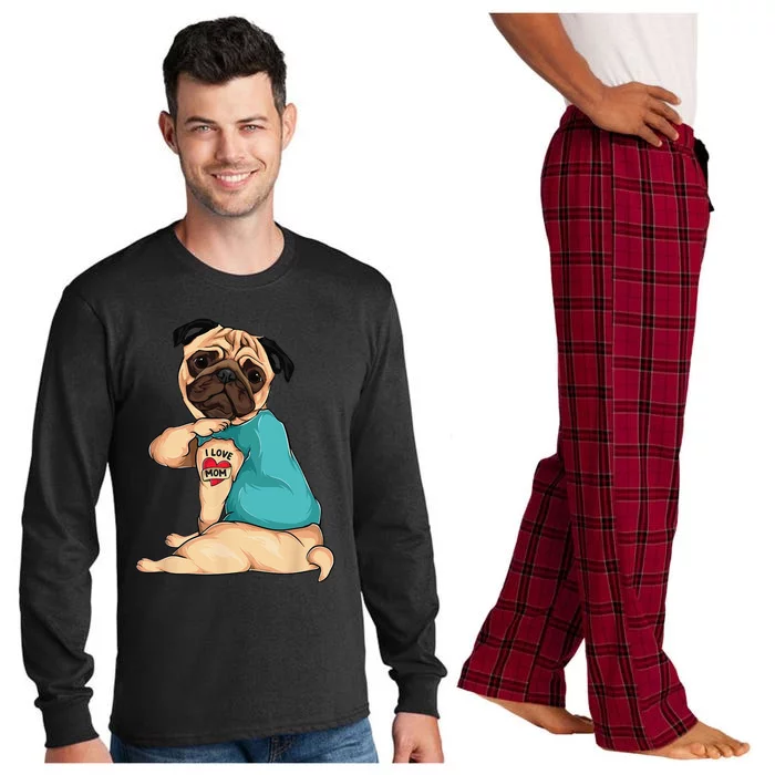 Mothers Day Gift Funny Dog Pug I Love Mom Tattoo Long Sleeve Pajama Set