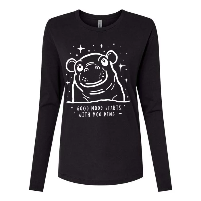 Moo Deng Good Mood Minimalist Womens Cotton Relaxed Long Sleeve T-Shirt