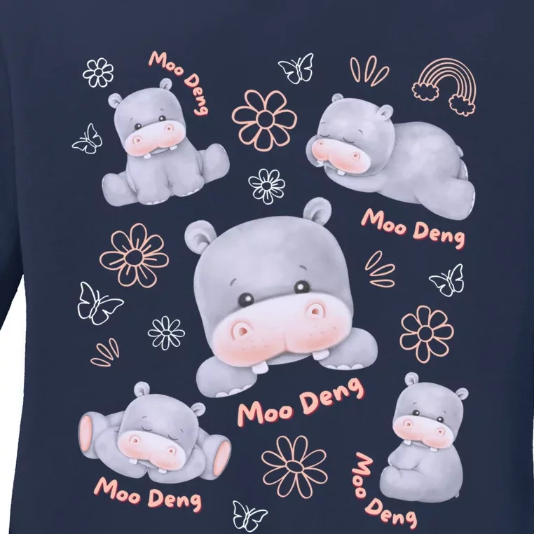 Moo Deng Hippo Pig Flower Cute Baby Pygmy Moodeng Souvenir Ladies Long Sleeve Shirt