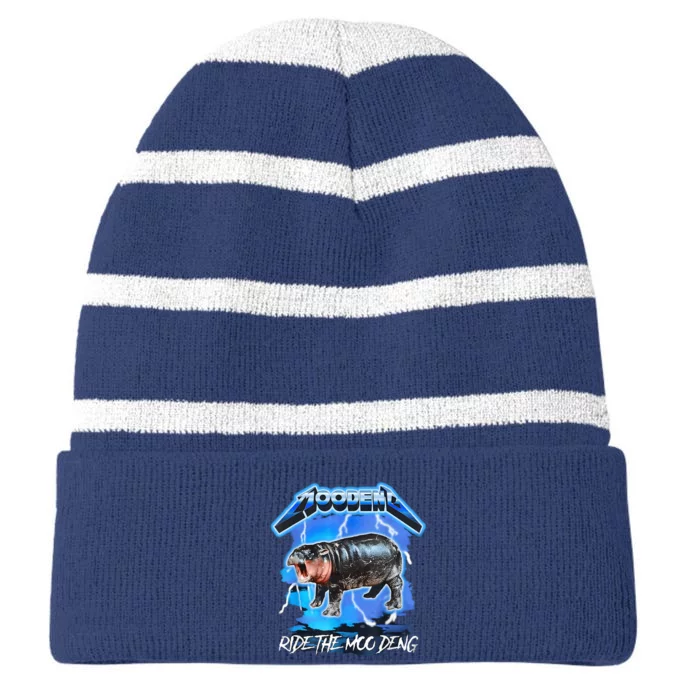 Moo Deng Hippo Ride The Moo Deng Music Rock Style Striped Beanie with Solid Band