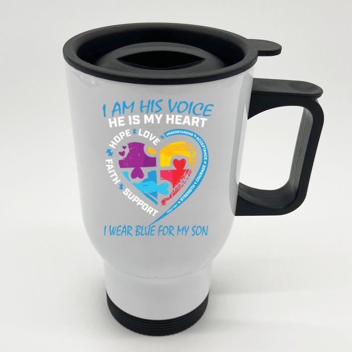 Mom Dad Heart Puzzle I Wear Blue For My Son Autism Awareness Gift Front & Back Stainless Steel Travel Mug