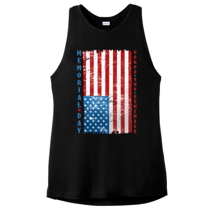 Memorial Day Honor And Remember Distressed USA American Flag Ladies Tri-Blend Wicking Tank