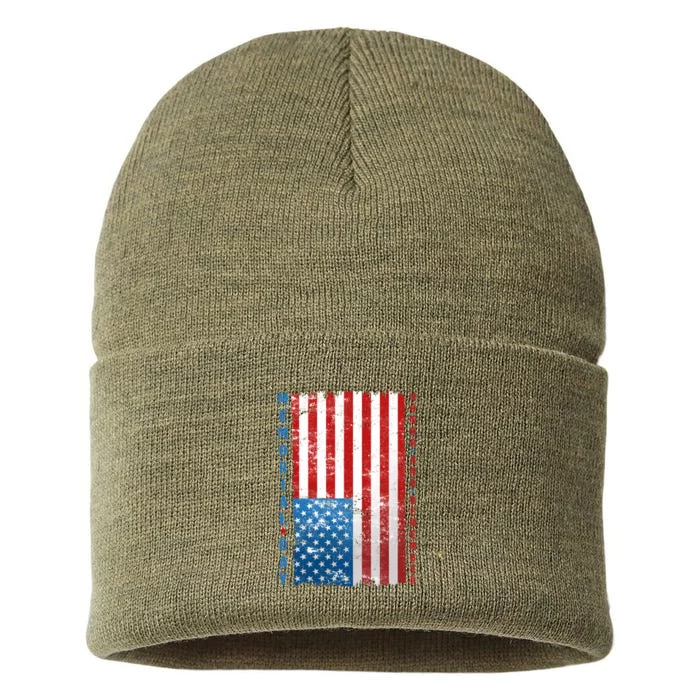 Memorial Day Honor And Remember Distressed USA American Flag Sustainable Knit Beanie