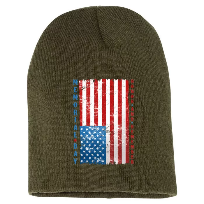 Memorial Day Honor And Remember Distressed USA American Flag Short Acrylic Beanie