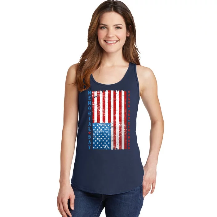 Memorial Day Honor And Remember Distressed USA American Flag Ladies Essential Tank