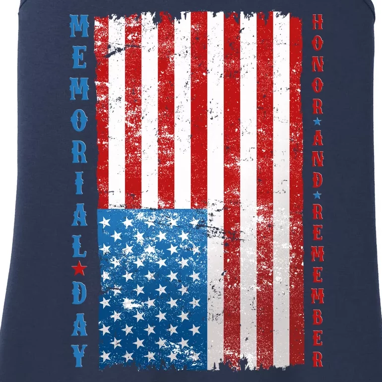 Memorial Day Honor And Remember Distressed USA American Flag Ladies Essential Tank