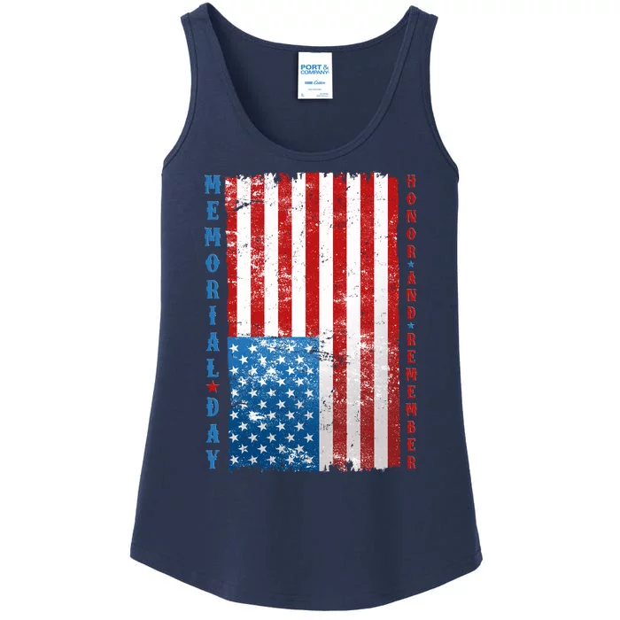 Memorial Day Honor And Remember Distressed USA American Flag Ladies Essential Tank