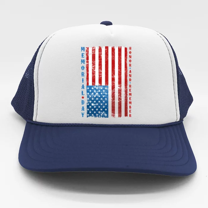 Memorial Day Honor And Remember Distressed USA American Flag Trucker Hat