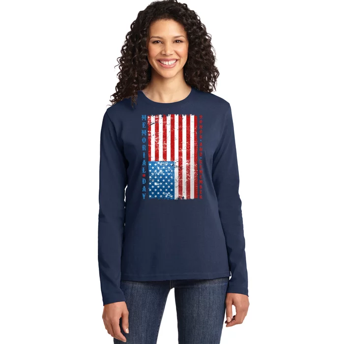 Memorial Day Honor And Remember Distressed USA American Flag Ladies Long Sleeve Shirt