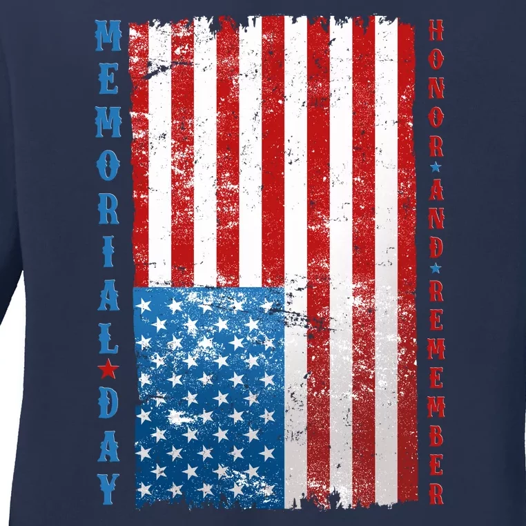 Memorial Day Honor And Remember Distressed USA American Flag Ladies Long Sleeve Shirt