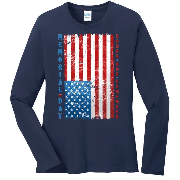 Memorial Day Honor And Remember Distressed USA American Flag Ladies Long Sleeve Shirt