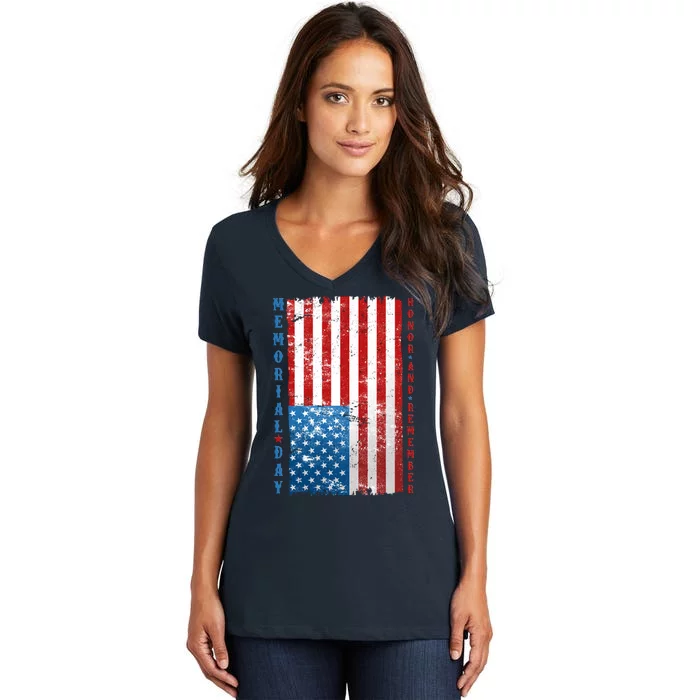 Memorial Day Honor And Remember Distressed USA American Flag Women's V-Neck T-Shirt