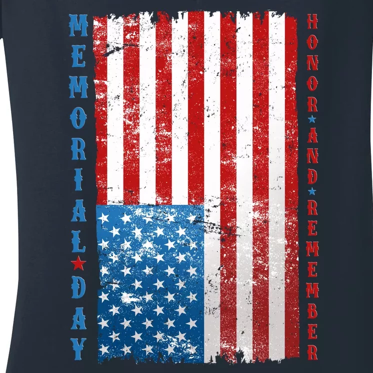 Memorial Day Honor And Remember Distressed USA American Flag Women's V-Neck T-Shirt