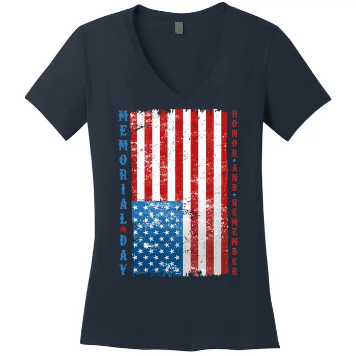 Memorial Day Honor And Remember Distressed USA American Flag Women's V-Neck T-Shirt