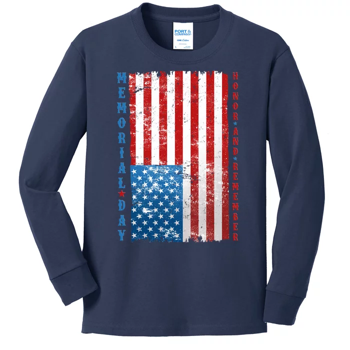 Memorial Day Honor And Remember Distressed USA American Flag Kids Long Sleeve Shirt