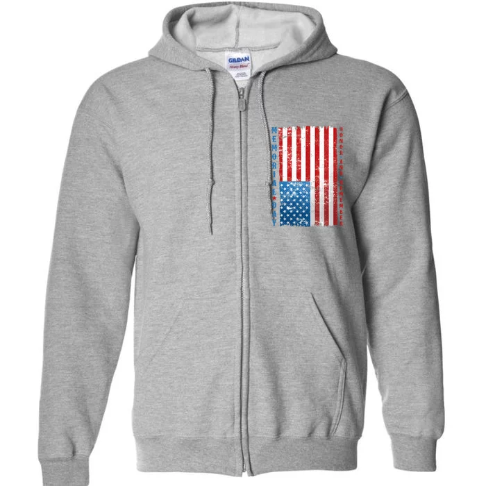 Memorial Day Honor And Remember Distressed USA American Flag Full Zip Hoodie