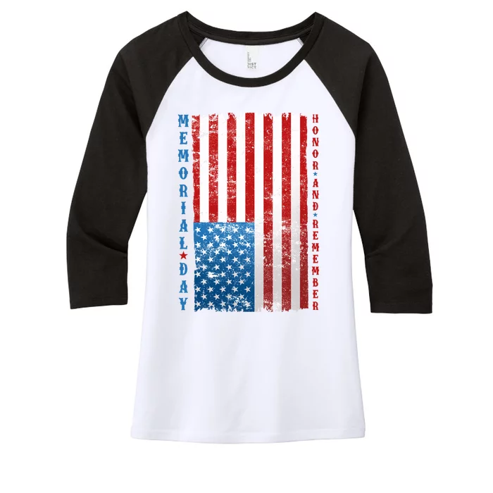 Memorial Day Honor And Remember Distressed USA American Flag Women's Tri-Blend 3/4-Sleeve Raglan Shirt