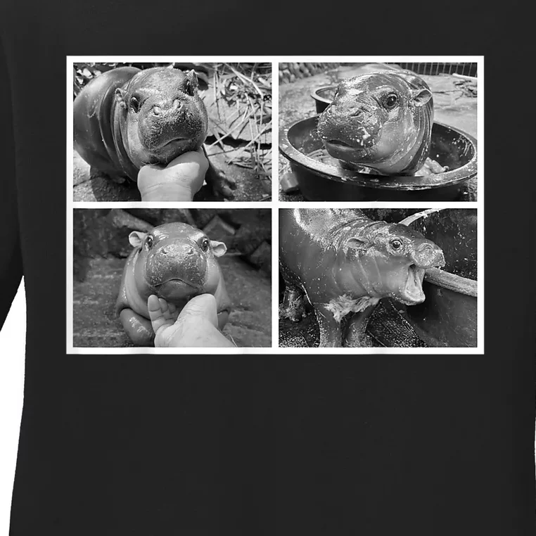 Moo Deng Hippo Photo Funny Pygmy Hippopotamus Ladies Long Sleeve Shirt