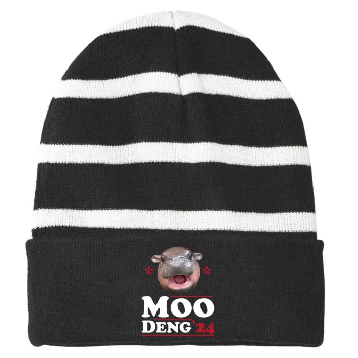 Moo Deng Hippo Cute Baby Pygmy Funny Election 2024 Striped Beanie with Solid Band