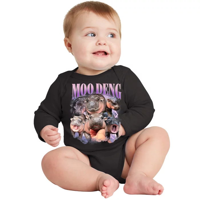 Moo Deng Hippo Meme Funny Baby Long Sleeve Bodysuit