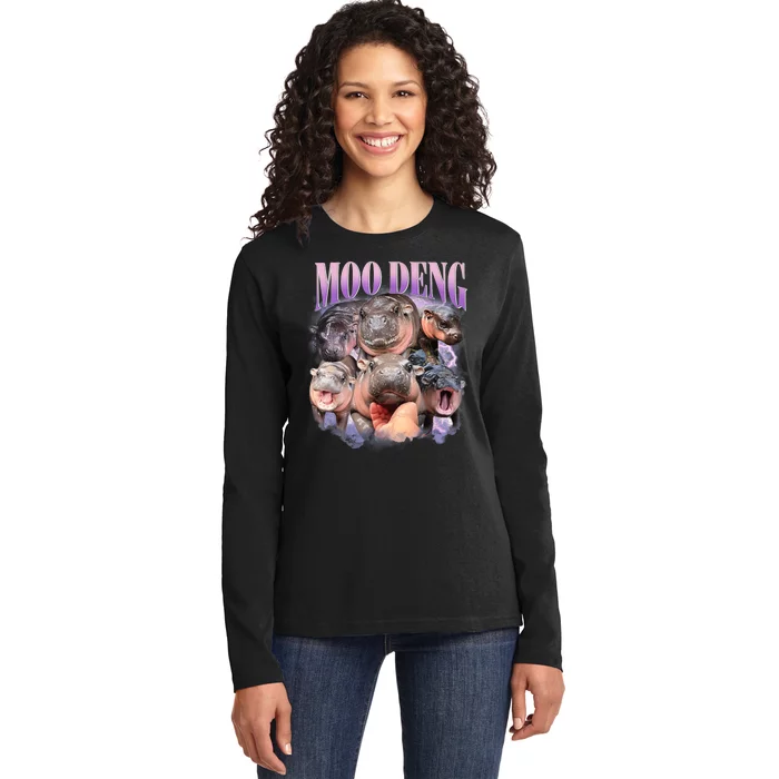 Moo Deng Hippo Meme Funny Ladies Long Sleeve Shirt