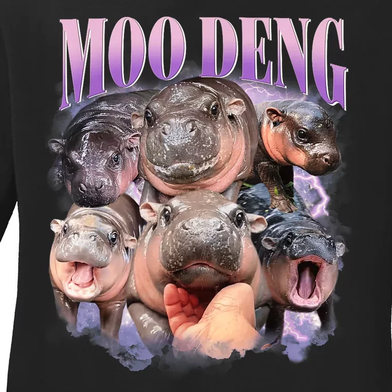 Moo Deng Hippo Meme Funny Ladies Long Sleeve Shirt