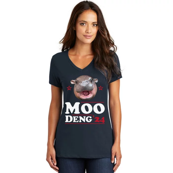 Moo Deng Hippo Cute Baby Pygmy Funny Election 2024 Women's V-Neck T-Shirt