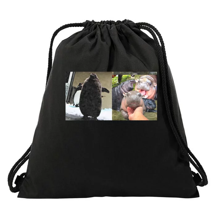 Moo Deng Hippo And Baby Penguin Pesto Drawstring Bag