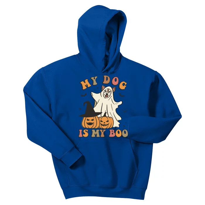 My Dog Is My Boo Spooky Season Ghost Halloween Groovy Retro Funny Gift Kids Hoodie