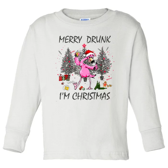 Merry Drunk IM Christmas Ugly Sweater Twerking Flamingo Toddler Long Sleeve Shirt