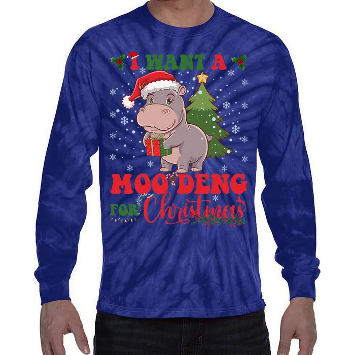 Moo Deng I Want A Moo Deng For Christmas Pygmy Baby Hippo Tie-Dye Long Sleeve Shirt