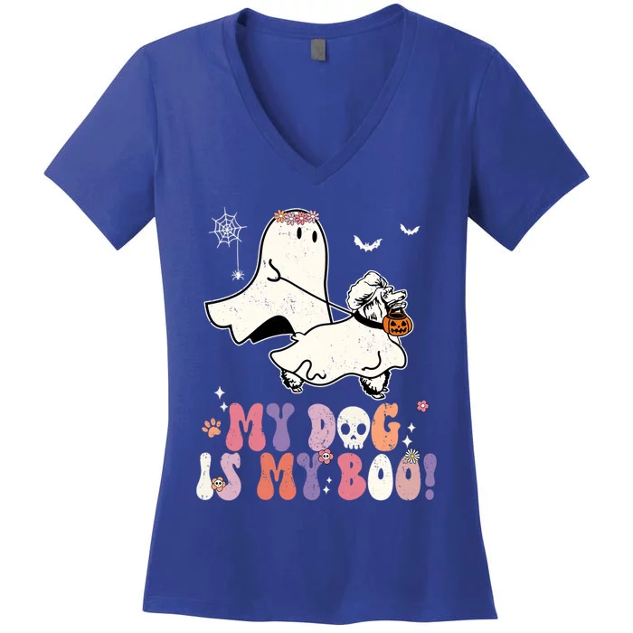 My Dog Is My Boo Poodle Pumpkin Funny Ghost Halloween Cool Gift Women's V-Neck T-Shirt