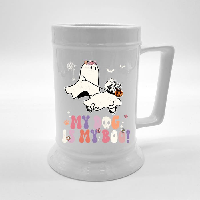 My Dog Is My Boo Poodle Pumpkin Funny Ghost Halloween Cool Gift Front & Back Beer Stein