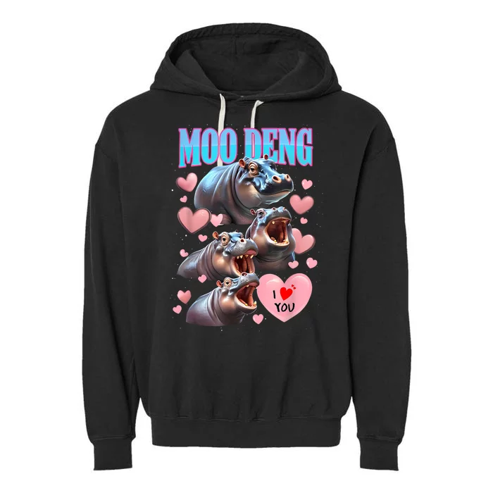 Moo Deng I Love You Pygmy Hippopotamus Garment-Dyed Fleece Hoodie