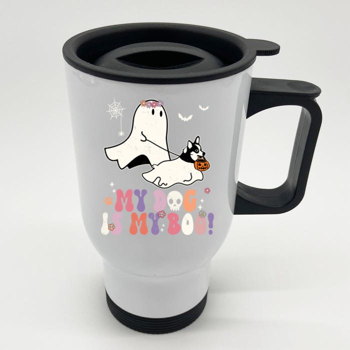 My Dog Is My Boo Corgi Pumpkin Funny Ghost Halloween Funny Gift Front & Back Stainless Steel Travel Mug