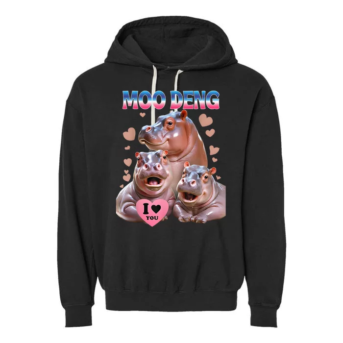 Moo Deng I Love You Hippo Garment-Dyed Fleece Hoodie