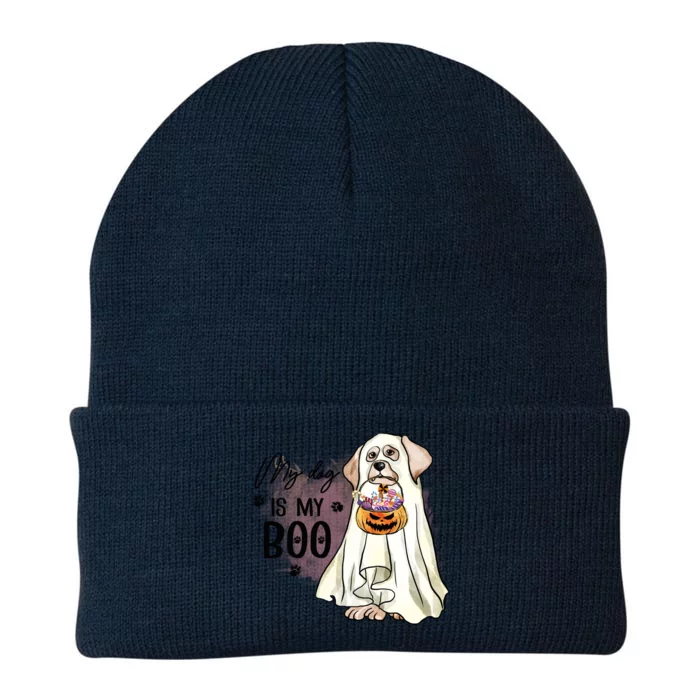 My Dog Is My Boo Spooky Season Ghost Halloween Groovy Retro Gift Knit Cap Winter Beanie