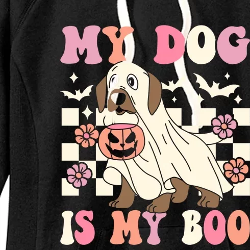 My Dog Is My Boo Spooky Season Ghost Halloween Groovy Retro Gift Women's Fleece Hoodie