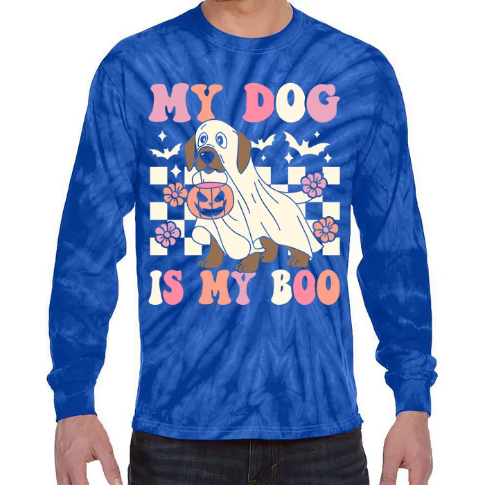 My Dog Is My Boo Spooky Season Ghost Halloween Groovy Retro Gift Tie-Dye Long Sleeve Shirt