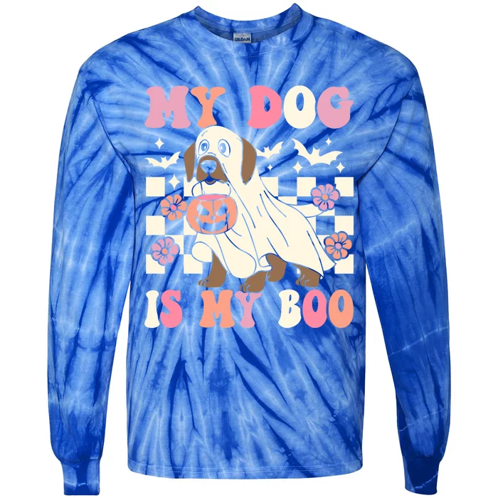 My Dog Is My Boo Spooky Season Ghost Halloween Groovy Retro Gift Tie-Dye Long Sleeve Shirt