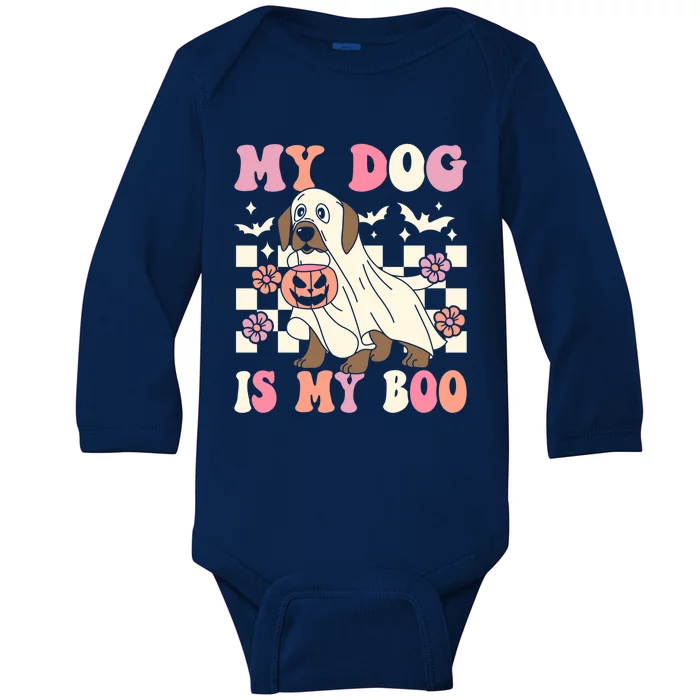 My Dog Is My Boo Spooky Season Ghost Halloween Groovy Retro Gift Baby Long Sleeve Bodysuit