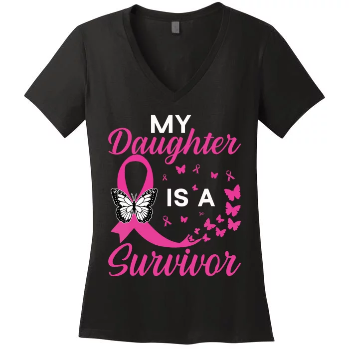 My Daughter Is A Survivor Breast Cancer Awareness Butterfly Women's V-Neck T-Shirt